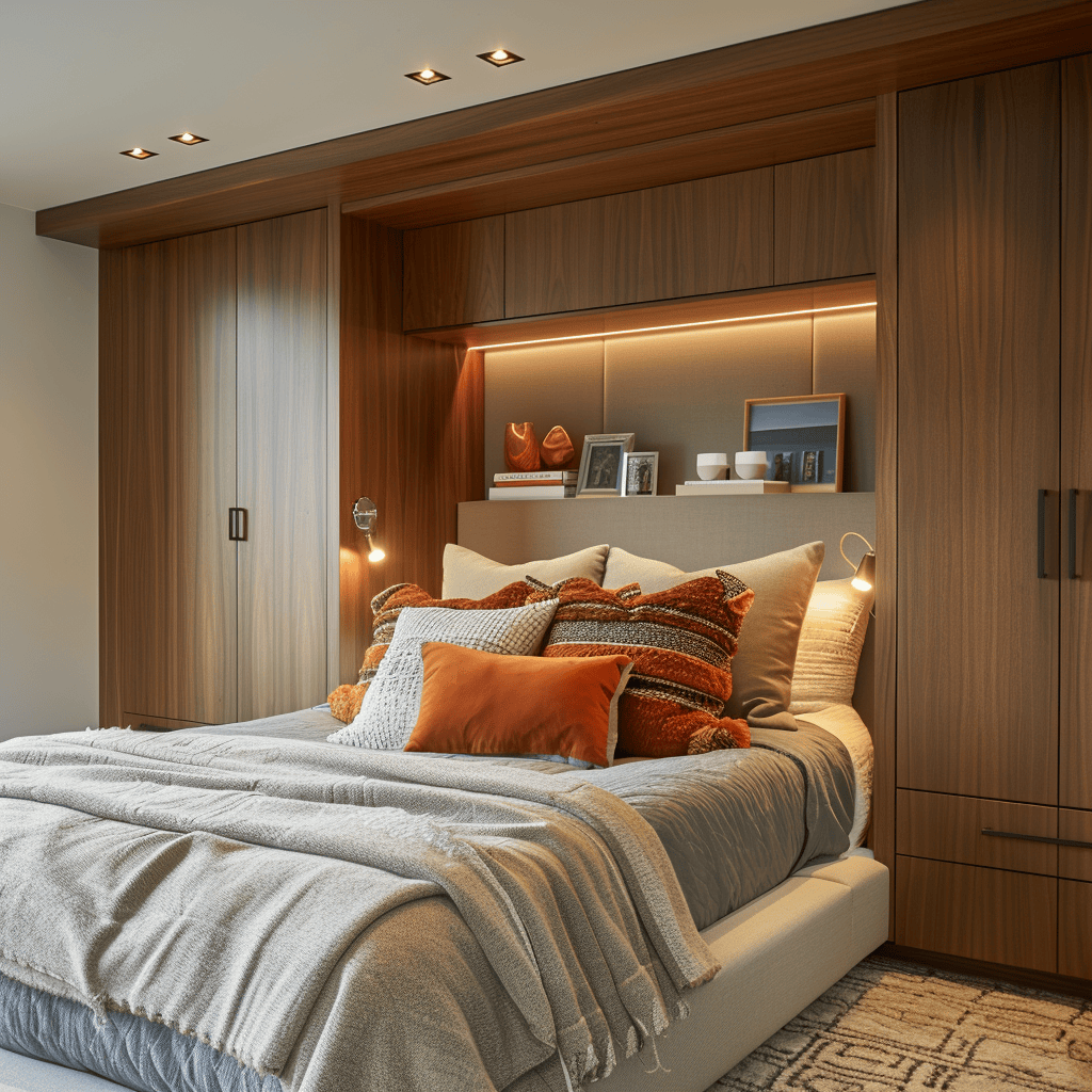 Organized modern bedroom with a focus on hiding cords and devices for a sleek and cohesive appearance