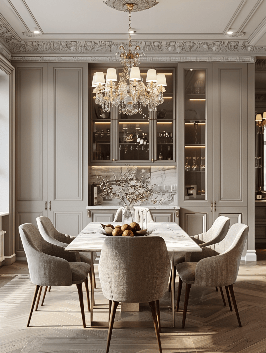 Ornamental mirror with a gilded frame adding depth to a Victorian dining room