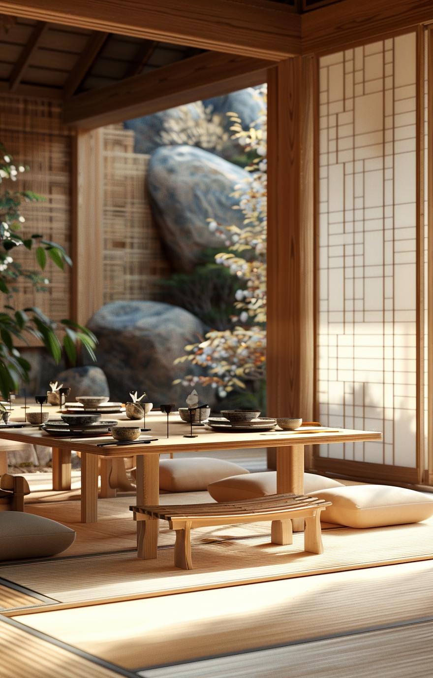 Outdoor Japanese dining room area illuminated by traditional Japanese lanterns