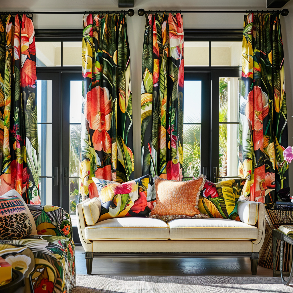 Oversized, bold botanical print curtains in vibrant colors create a dramatic focal point in a stunning living room1