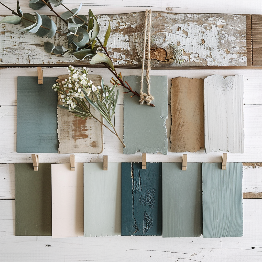 Palette of modern farmhouse accent colors against a backdrop of neutral swatches