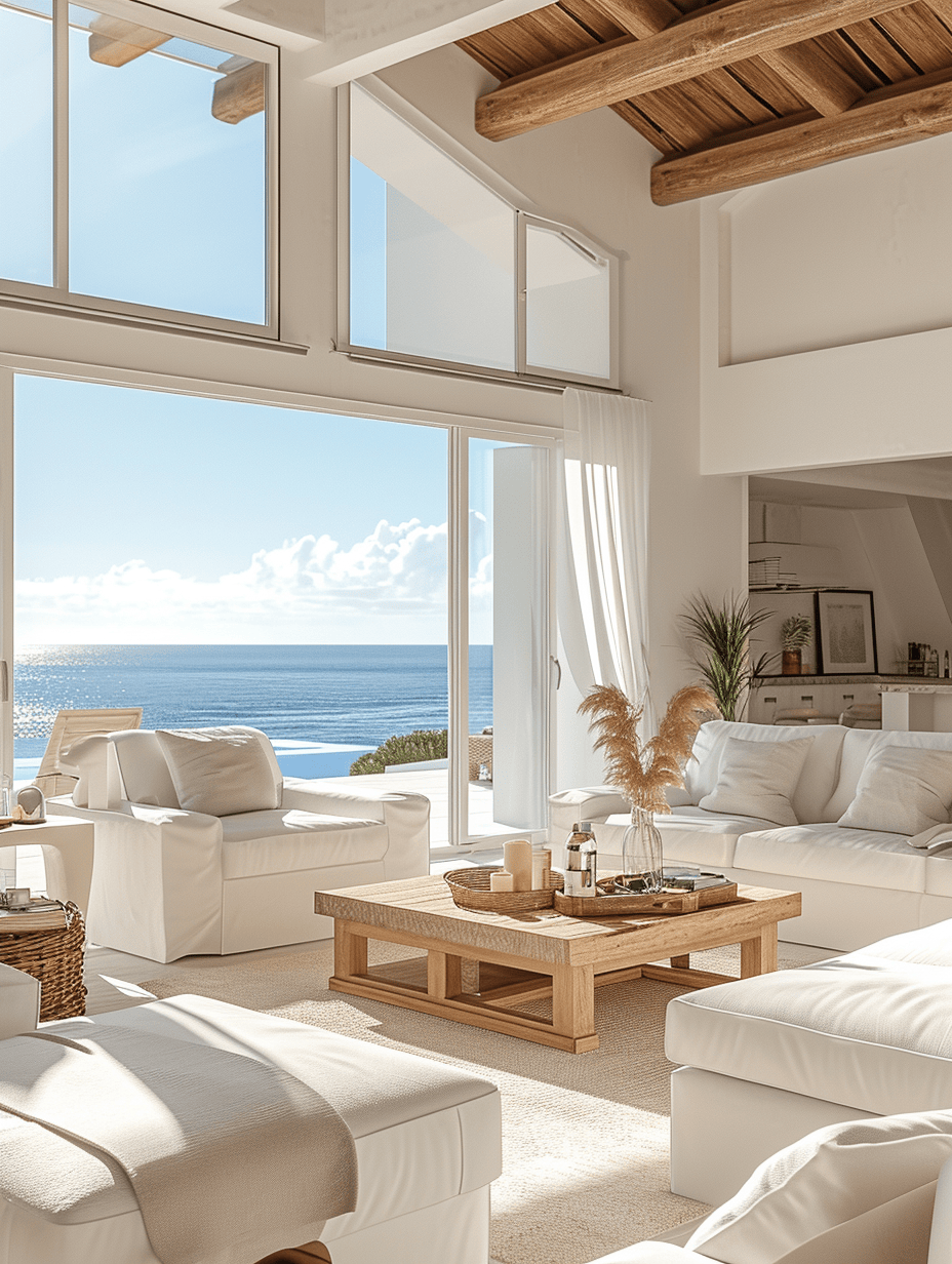 Palms and sea grass plants enhancing a coastal living room corner