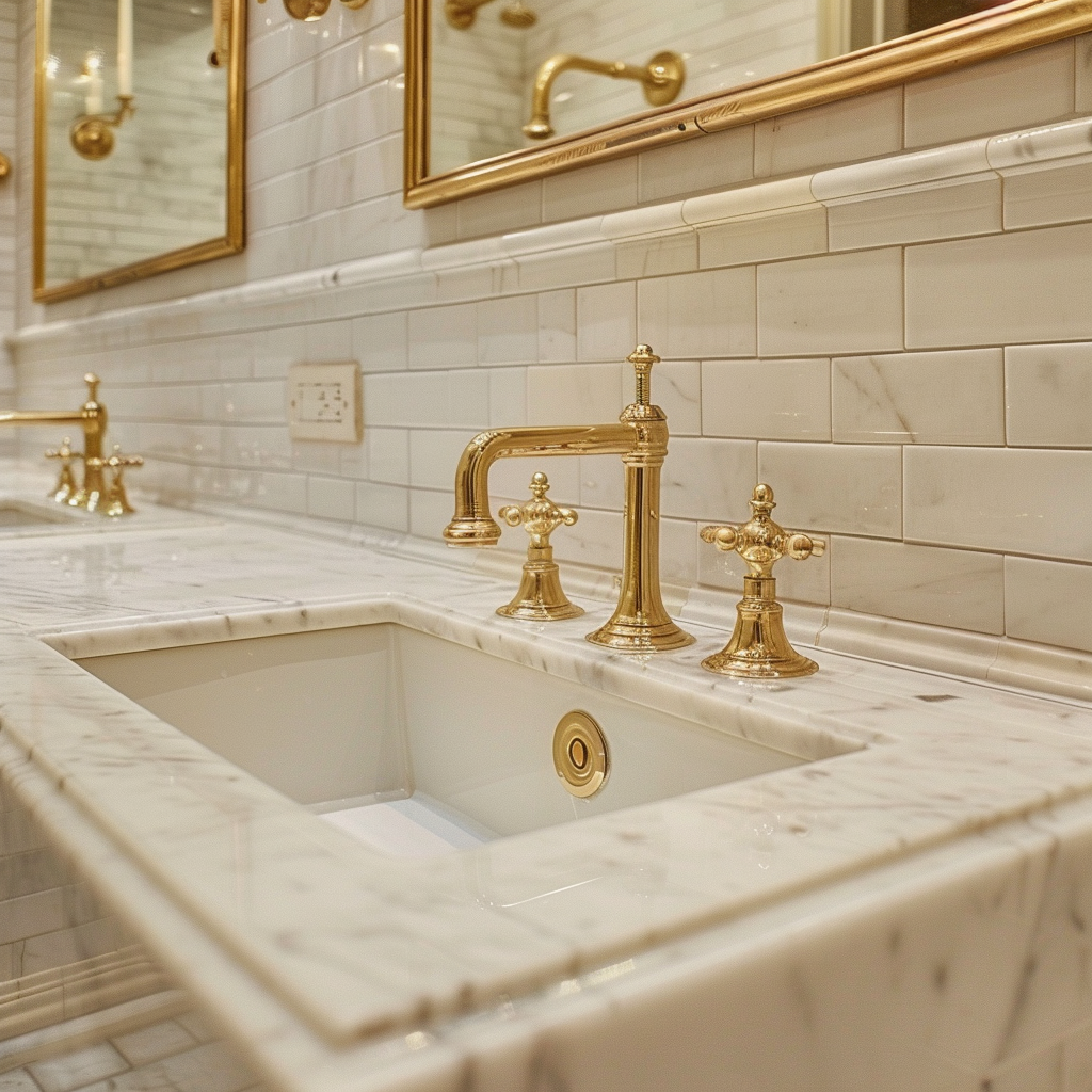 Parisian bathroom showcasing a vintage vanity with brass fixtures, marble countertop, and ornate mirror