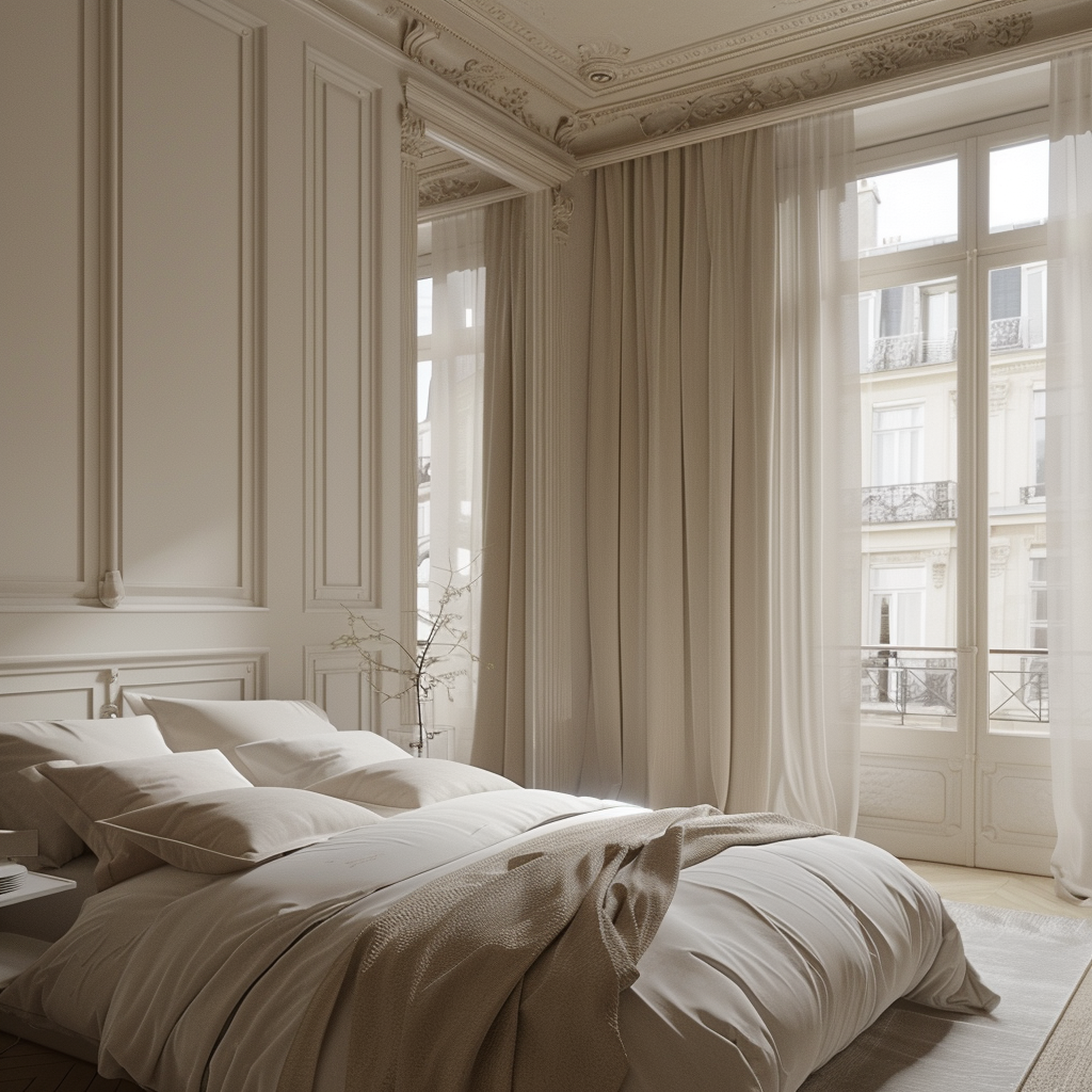 Parisian bedroom featuring a neutral color scheme, with crisp white bedding against a backdrop of light beige walls