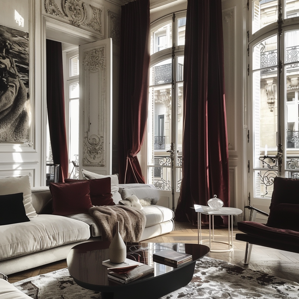 Parisian dining nook accented with burgundy chair cushions and table linens, offering a warm, inviting atmosphere