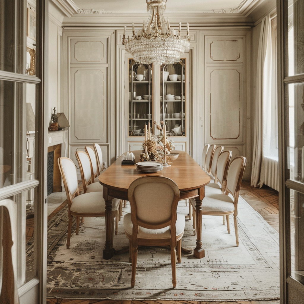 Parisian inspired dining room with a blend of rustic charm and elegance, featuring a vintage table set against neutral decor