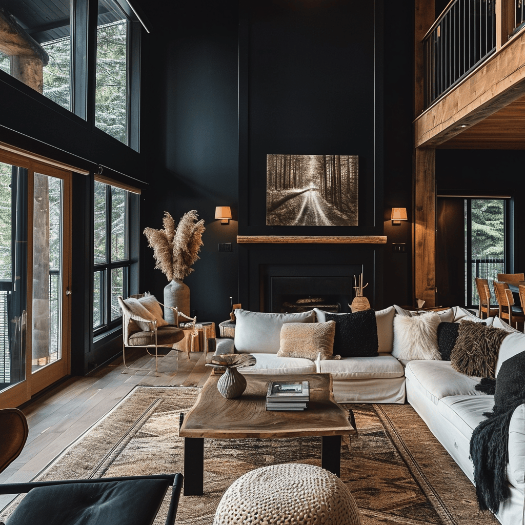 Patchwork leather floor mat in a rustic-themed living room