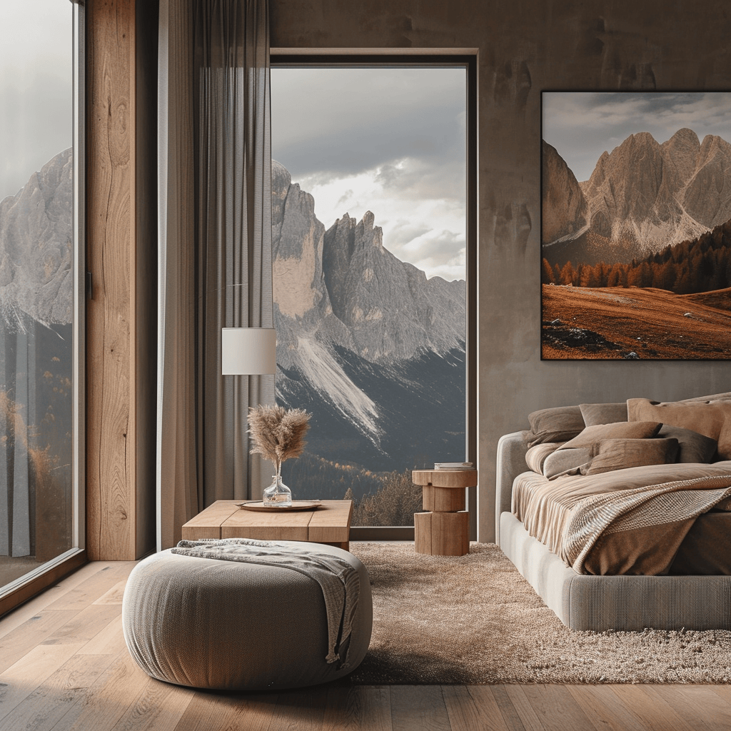 Peaceful Japandi bedroom setup with minimalist furnishings and soft lighting