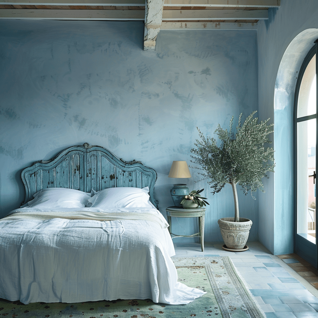 Peaceful Mediterranean-inspired bedroom showcasing blue hues, pristine whites, and a pop of turquoise