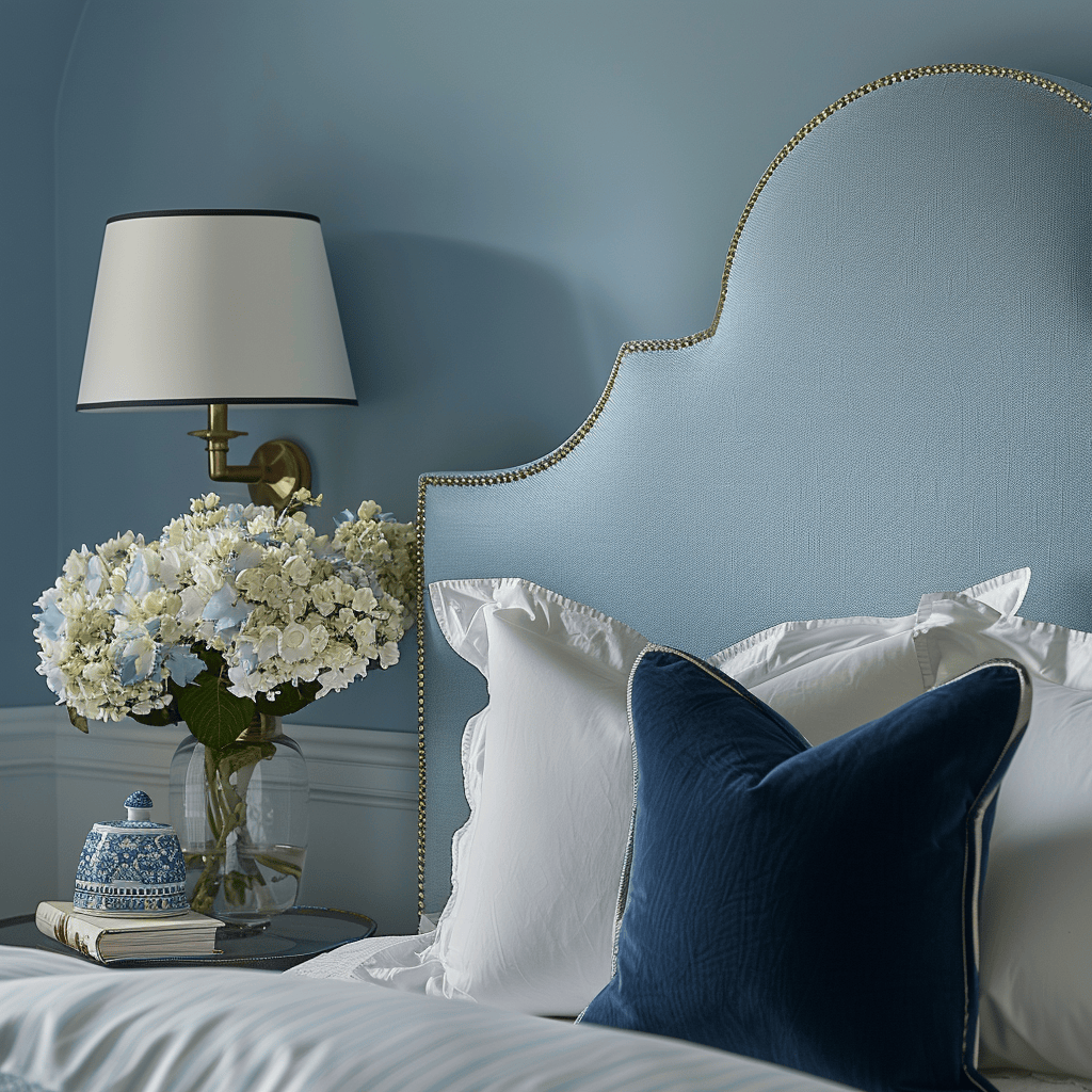 Peaceful Mediterranean-inspired bedroom showcasing soft blue hues, a turquoise focal point, and crisp linens