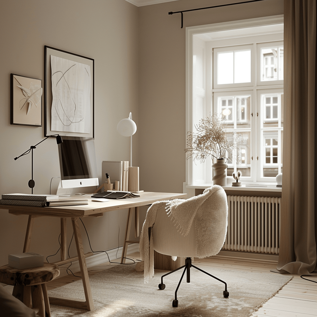 Peaceful Scandinavian home office with a simple, functional design, a soft, neutral color palette, and carefully chosen accessories that promote calm and focus