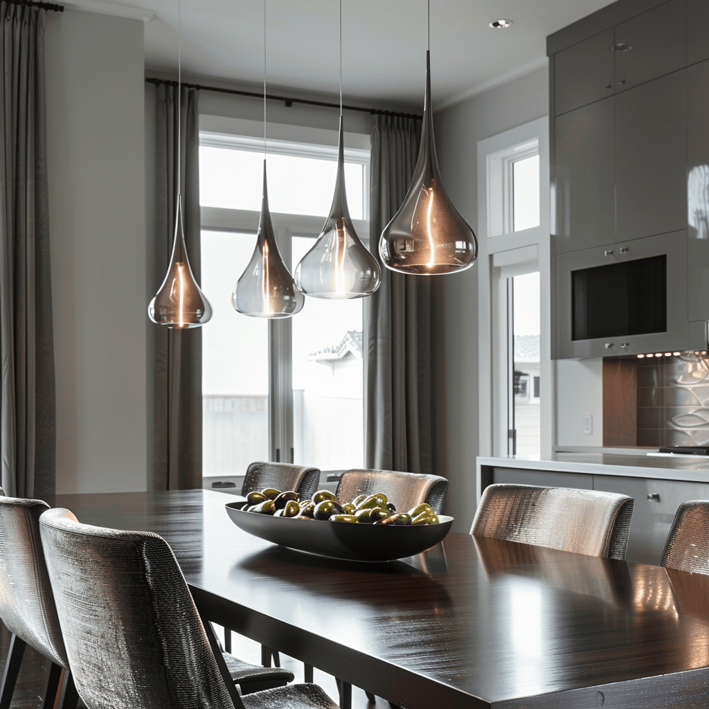 Pendant lighting illuminates a sleek dining table surrounded by contemporary chairs in this modern dining room, exuding elegance and refinement