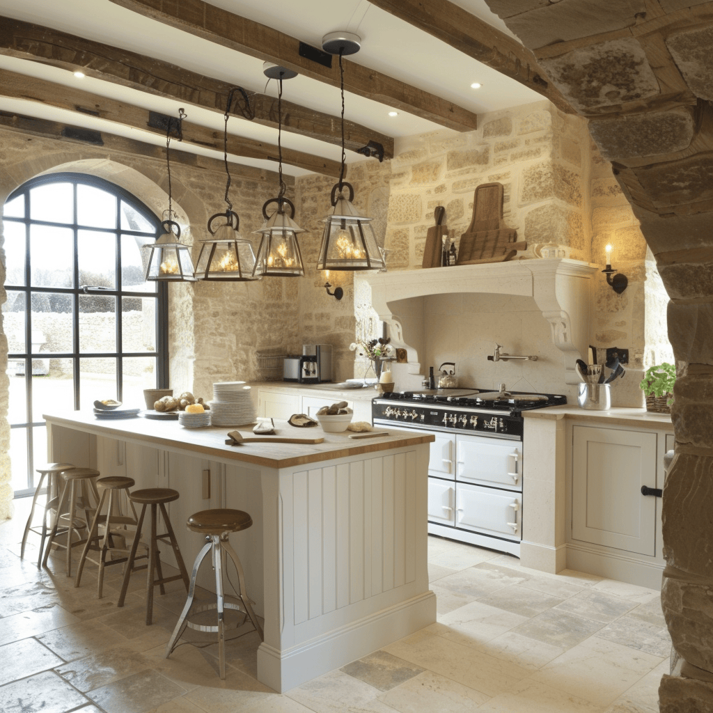 Pendant lights over the island and wall sconces provide a warm, inviting glow in this English countryside kitchen