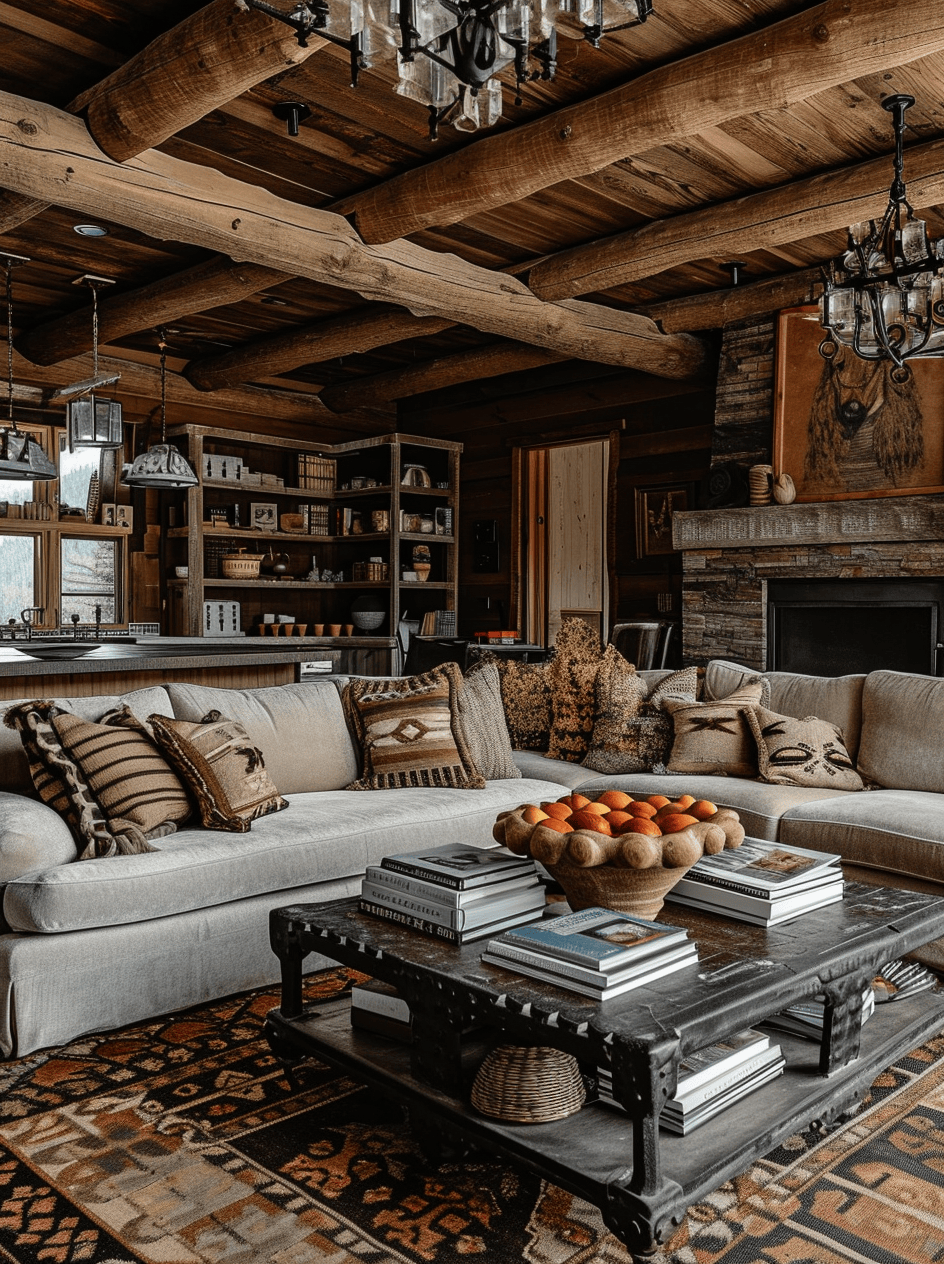 Plaid patterned throw pillows on a leather couch in a rustic living room