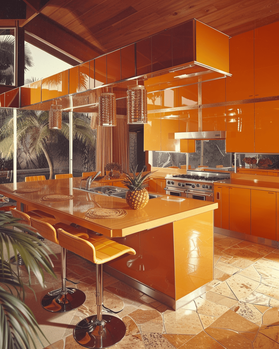 Playful 70s kitchen with colorful small appliances