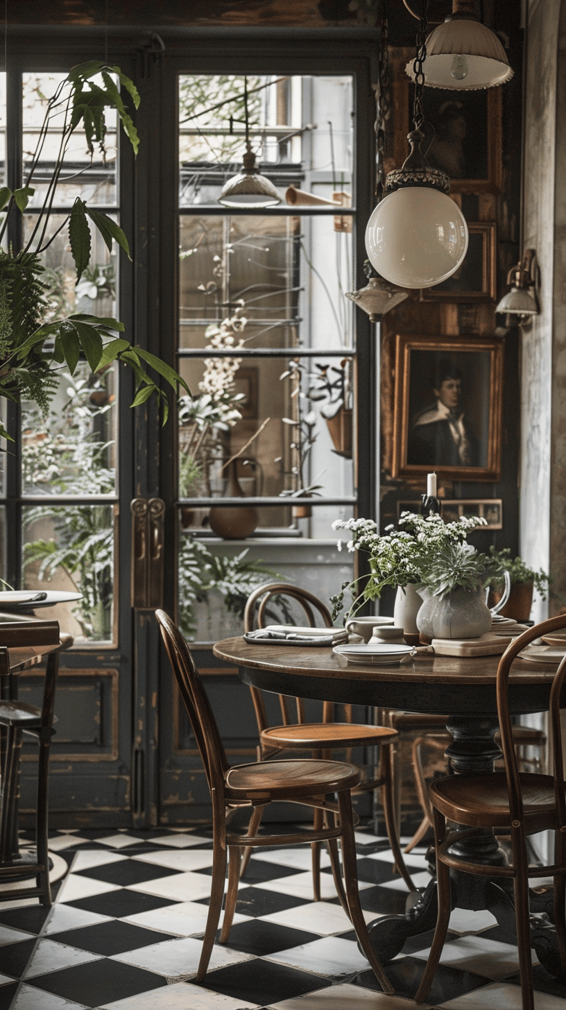 Plush area rug with rich patterns complementing the dark wooden floors of a Victorian dining room