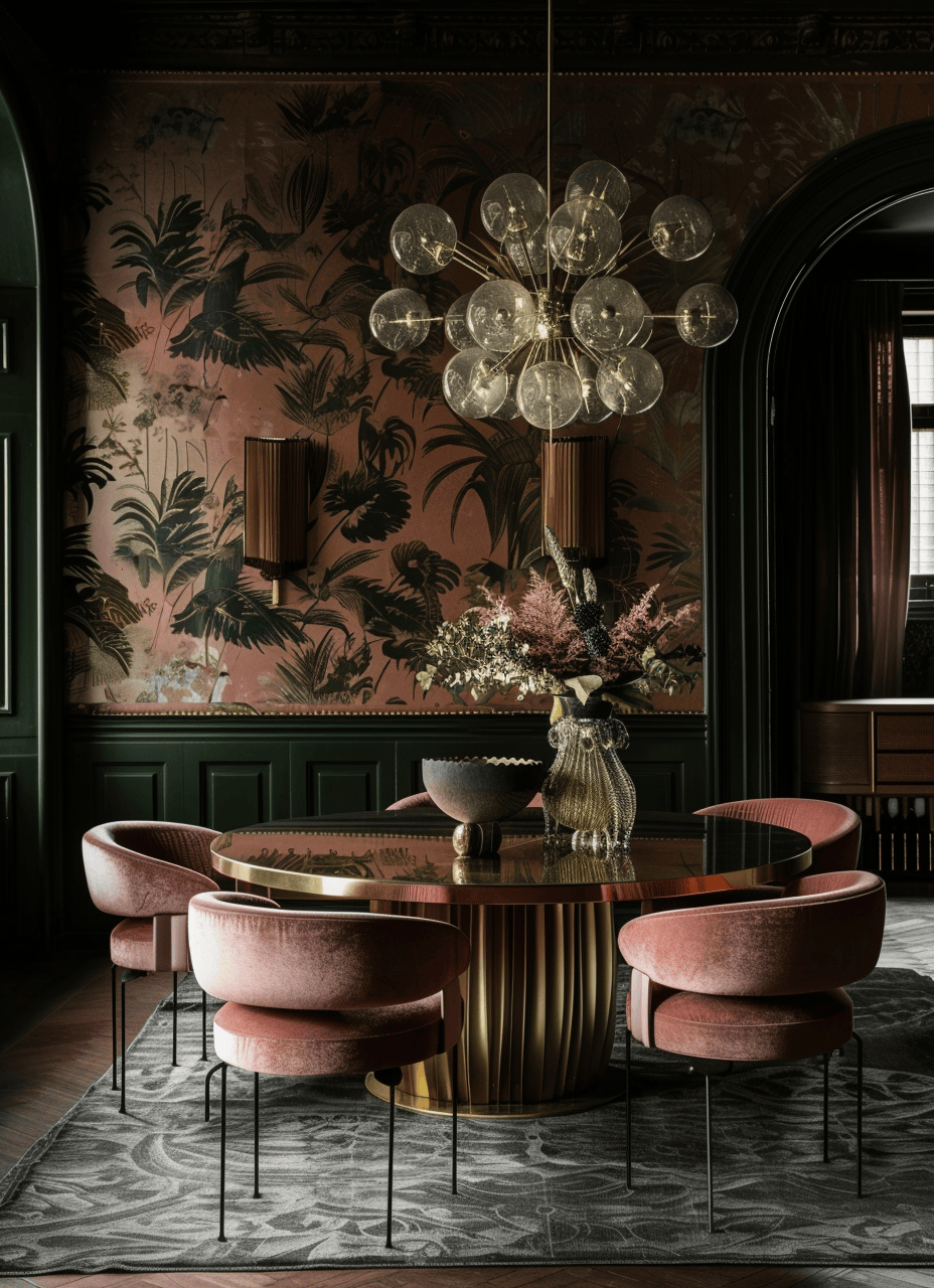 Plush velvet upholstered chairs in a glamorous Art Deco dining setting