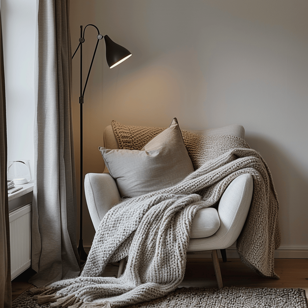 Plush wool armchair, soft throw blanket, and simple floor lamp create a warm, inviting reading nook in this Scandinavian space