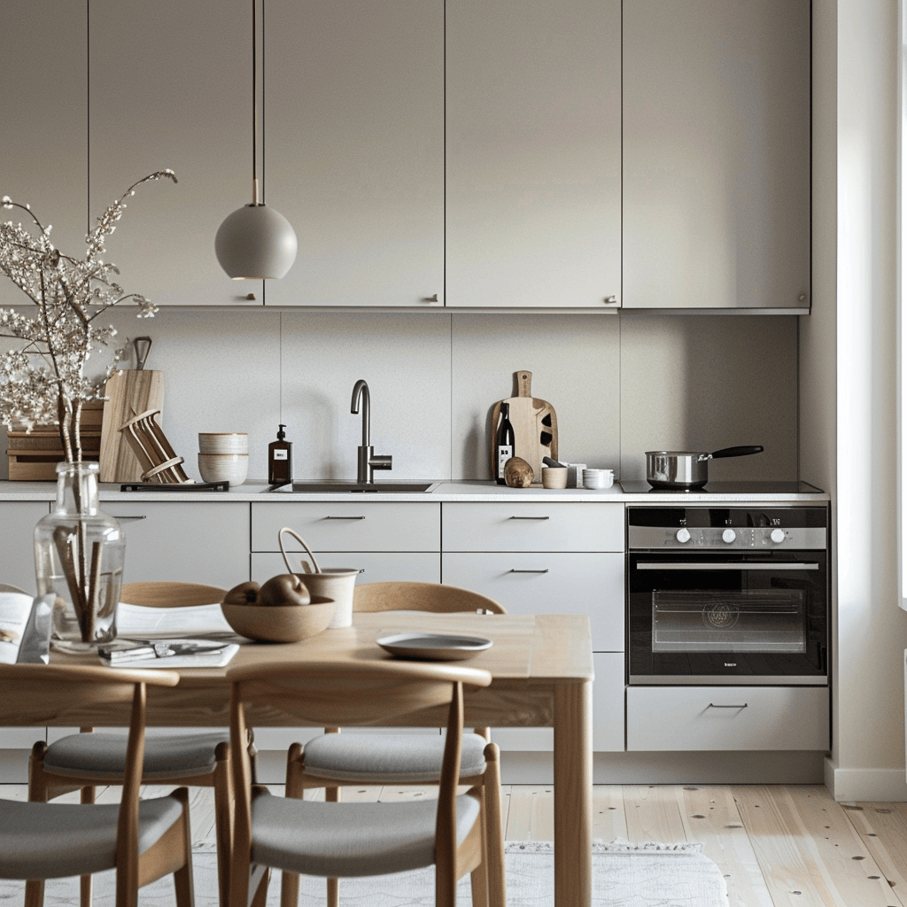 Practical Scandinavian kitchen with pale gray cabinets, stainless steel, and wooden dining table