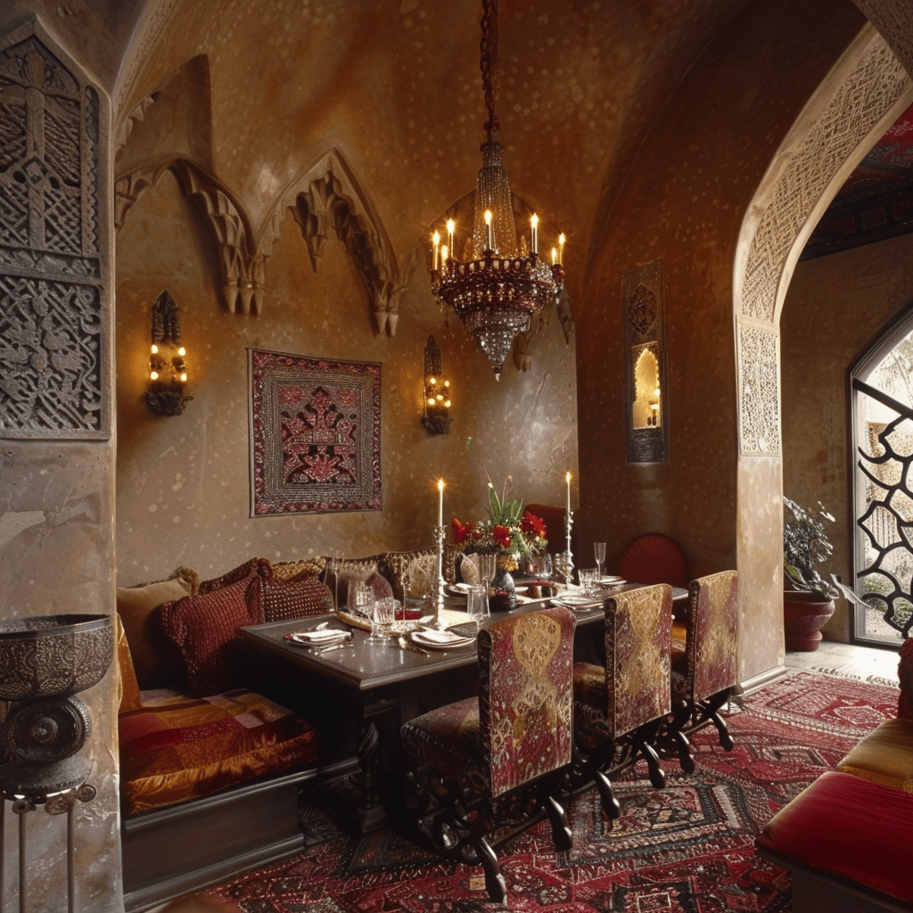 Private Moroccan dining room separated by decorative Jali screens