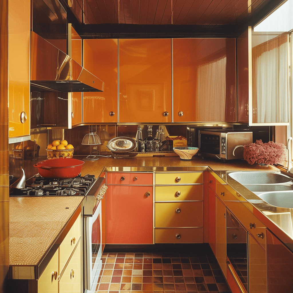 Quaint 70s kitchen with wicker and rattan furniture accents