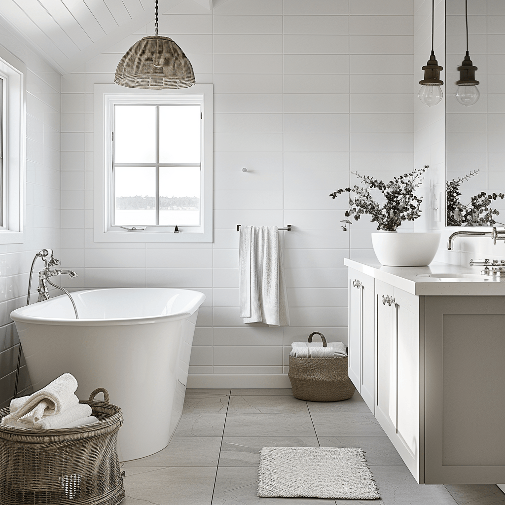 Radiant Scandinavian bathroom with clean white walls soft gray tiles and a feeling of expansiveness