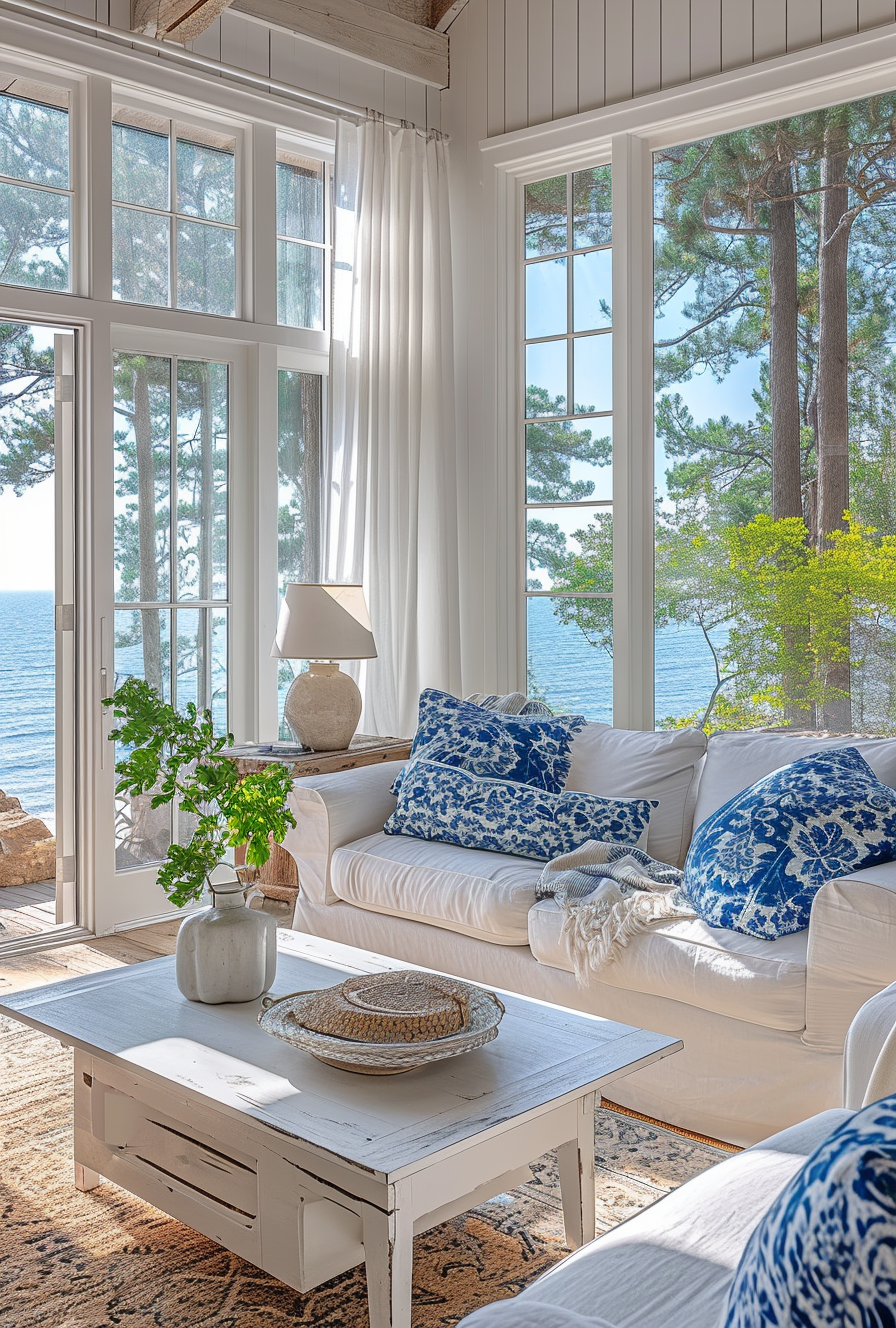 Rattan chair and wicker baskets adding texture to a coastal living space