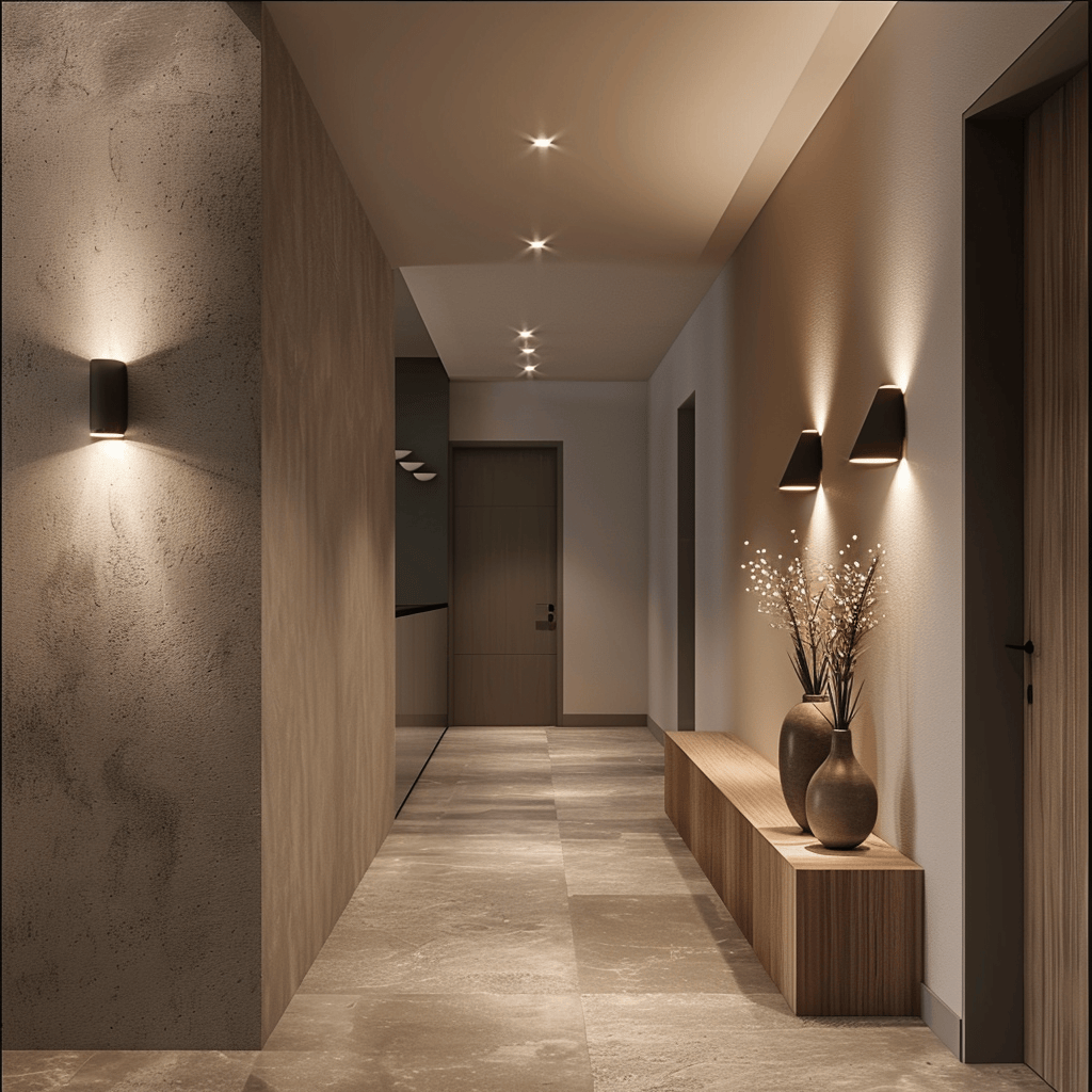 Recessed lighting in this Scandinavian hallway provides a subtle, yet effective way to illuminate the space, highlighting artwork and other decorative