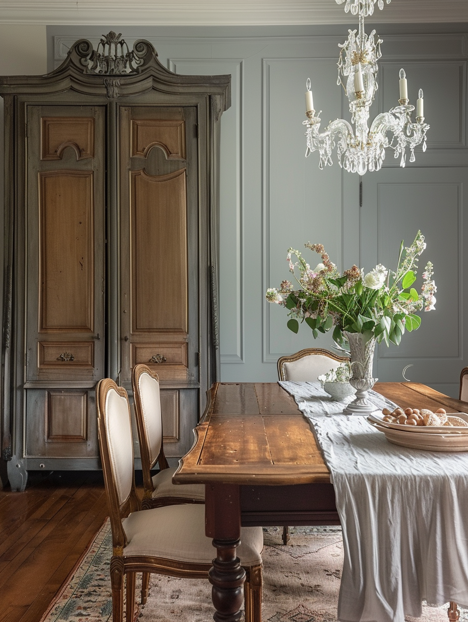 Refined French Parisian dining setting with ornate ceiling medallions