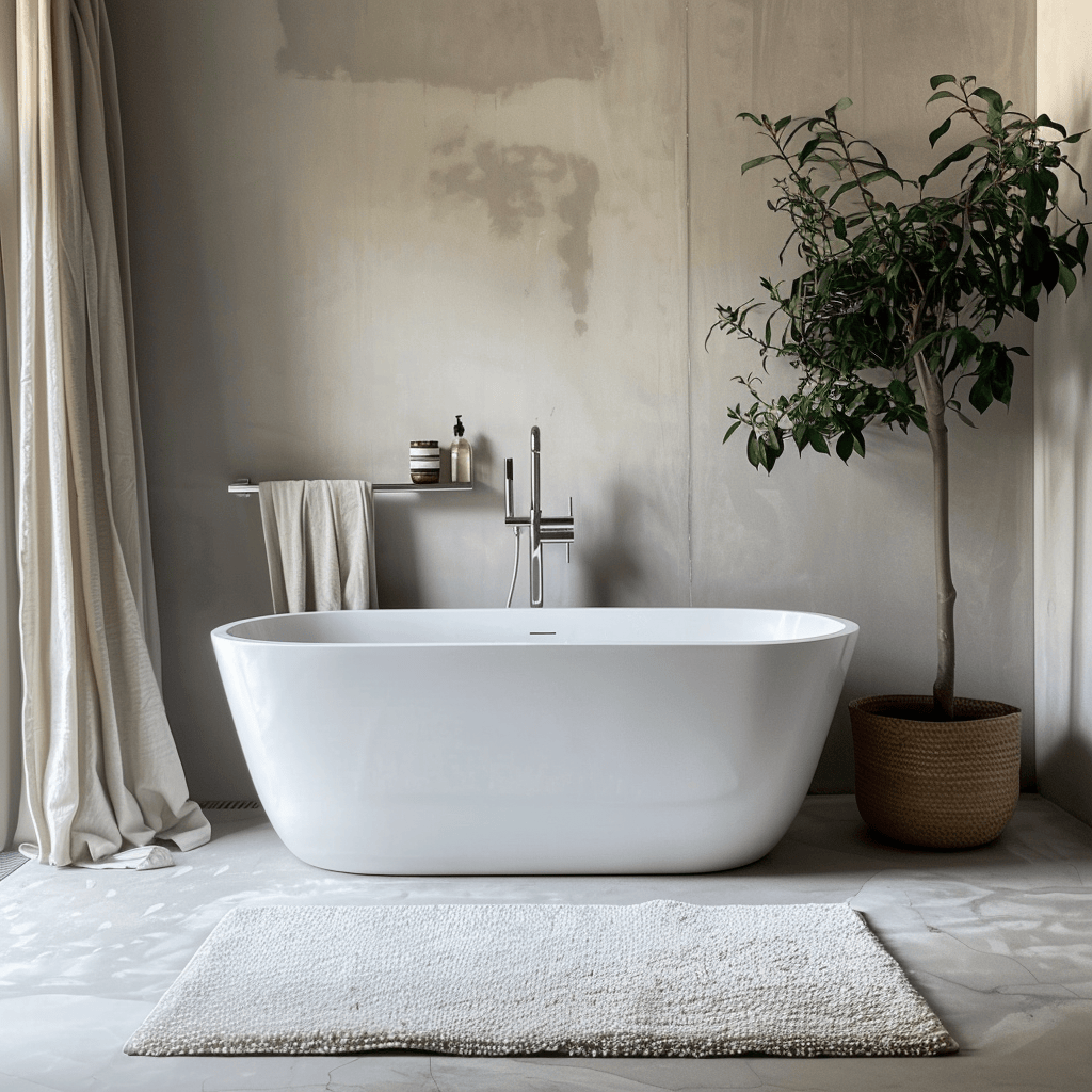 Refined Scandinavian bathroom with an uncomplicated cotton rug in a subtle gray shade next to a freestanding bathtub