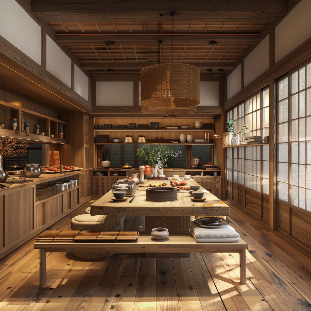 Refreshing Japanese kitchen makeover ideas with green walls and open shelving