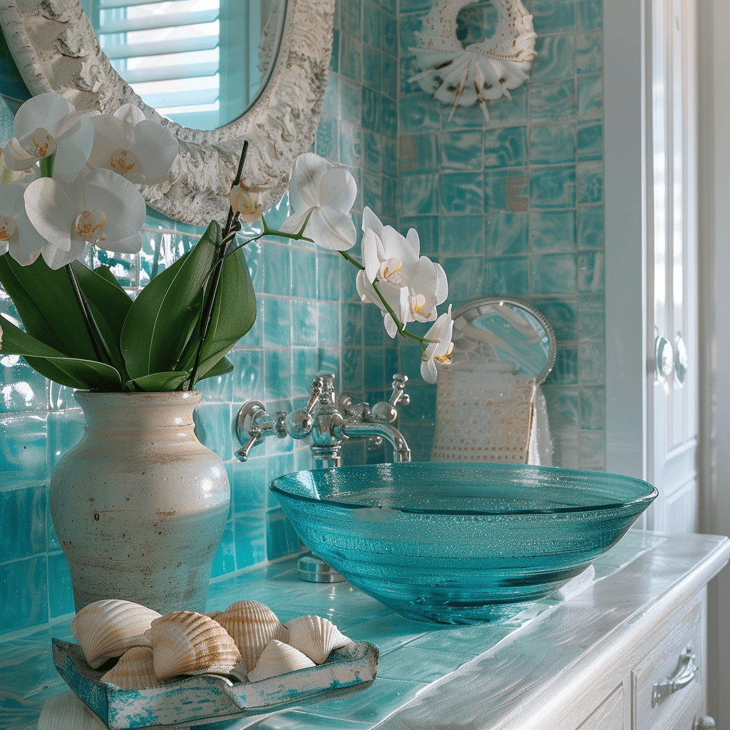 Rejuvenating Mediterranean bathroom showcasing turquoise walls, an aqua vessel sink, a white wooden vanity, seashell decor, and elegant orchids