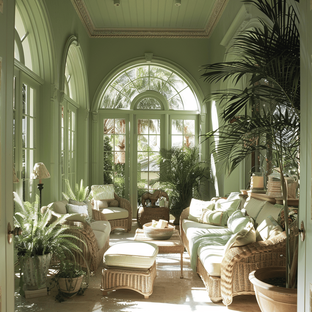Rejuvenating Mediterranean sunroom with soft green walls, wicker furniture, white cushions, and various potted plants like palms, ivy, and jasmine