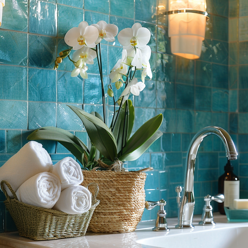 Relaxing Mediterranean bathroom featuring turquoise tile walls, white fixtures, and earthy woven accents