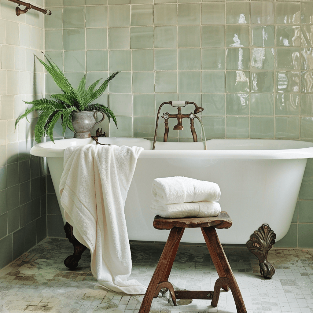 Relaxing Mediterranean bathroom showcasing gentle mint walls, a traditional clawfoot tub, a vintage stool, plush white towels, and a lush fern