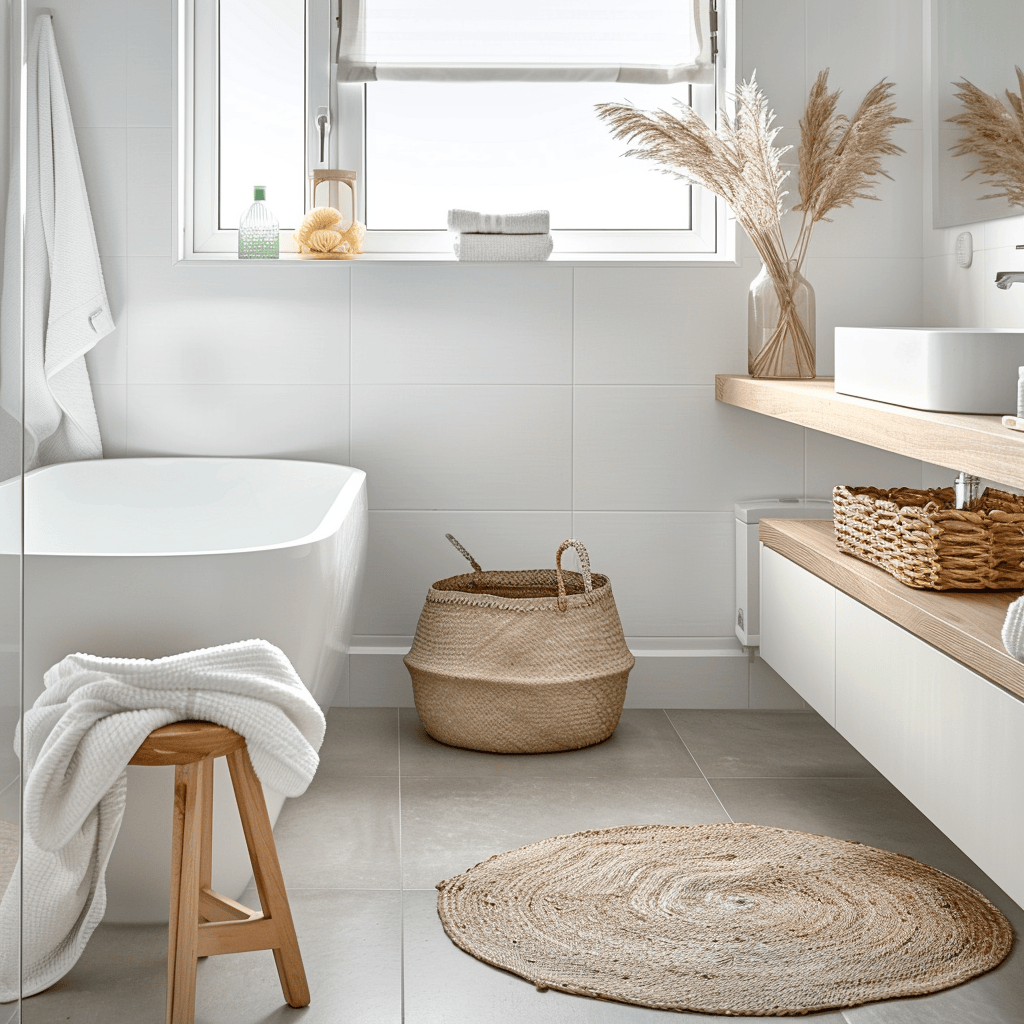 Relaxing Scandinavian bathroom with a harmonious neutral color scheme and hints of natural wood