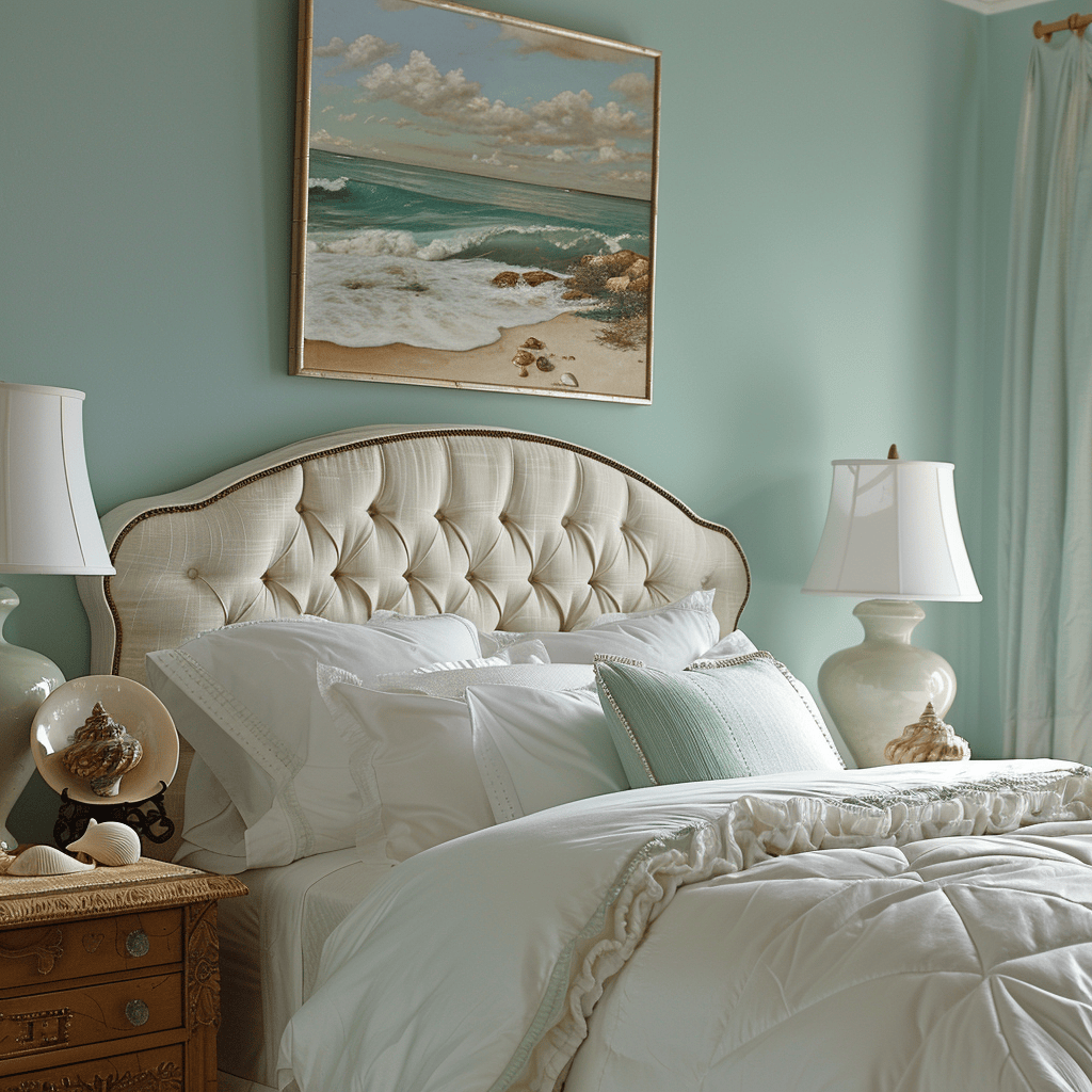 Restful Mediterranean bedroom showcasing gentle sky blue walls, a relaxing sage green headboard, pristine white bedding, and decorative seashells and a serene coastal artwork