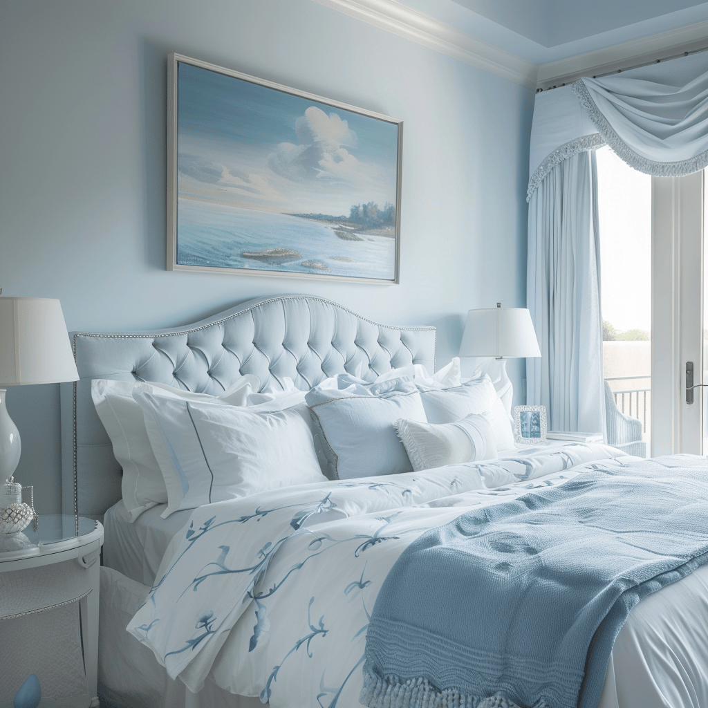 Restful Mediterranean bedroom with airy sky blue walls, crisp white sheets, a soft blue upholstered headboard, and a peaceful ocean painting