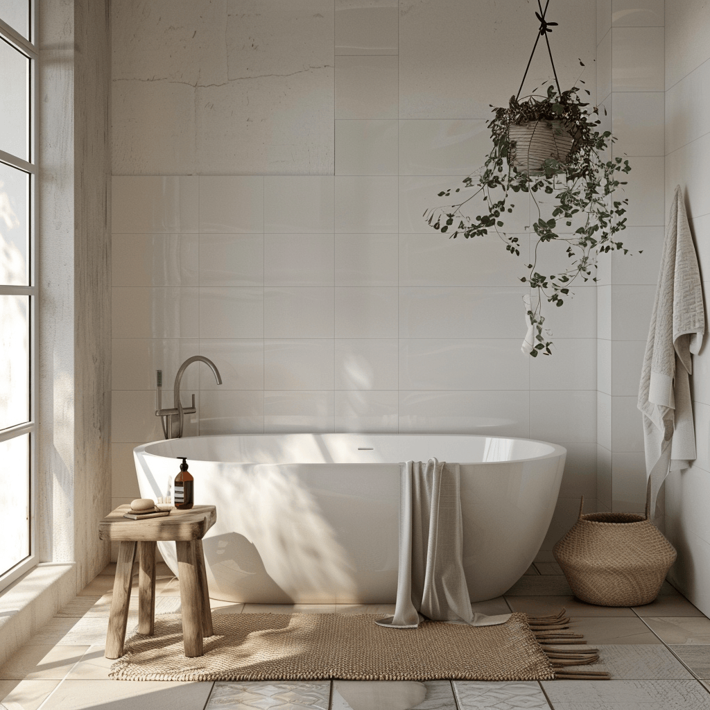 Restorative Scandinavian bathroom sanctuary created to present a peaceful getaway from everyday stressors promoting relaxation and rejuvenation