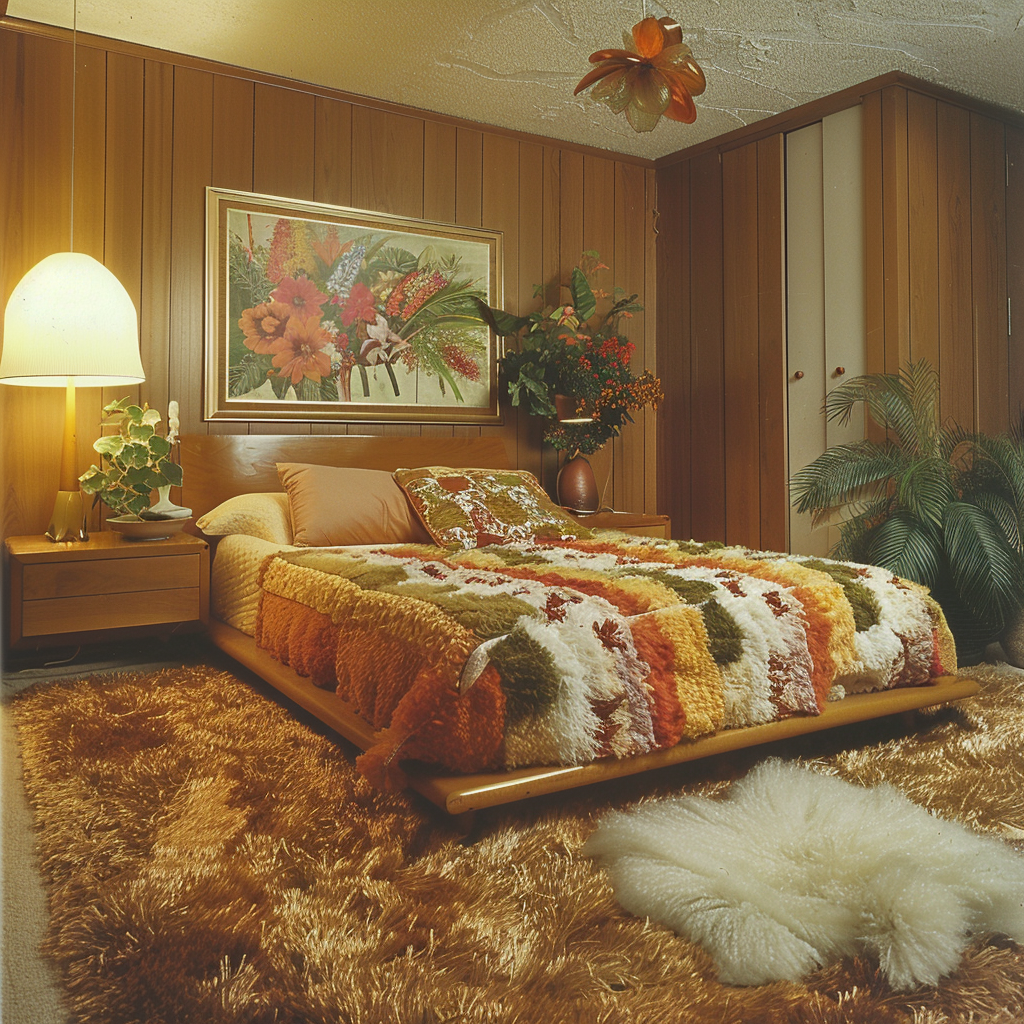 Retro-inspired 1970s bedroom featuring a bold shag carpet, embodying the decade's love for texture and eye-catching designs