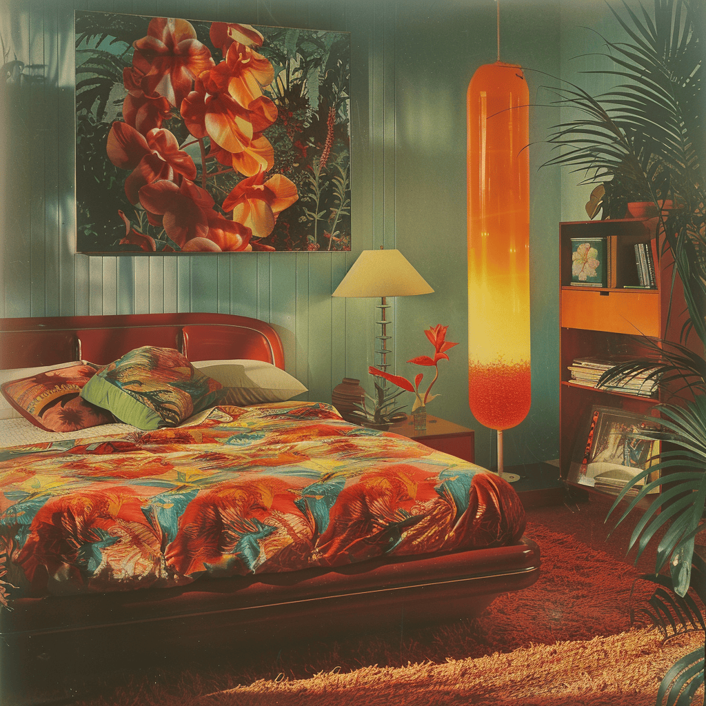 Retro-inspired 1970s bedroom with a classic lava lamp, adding a groovy and mesmerizing light show