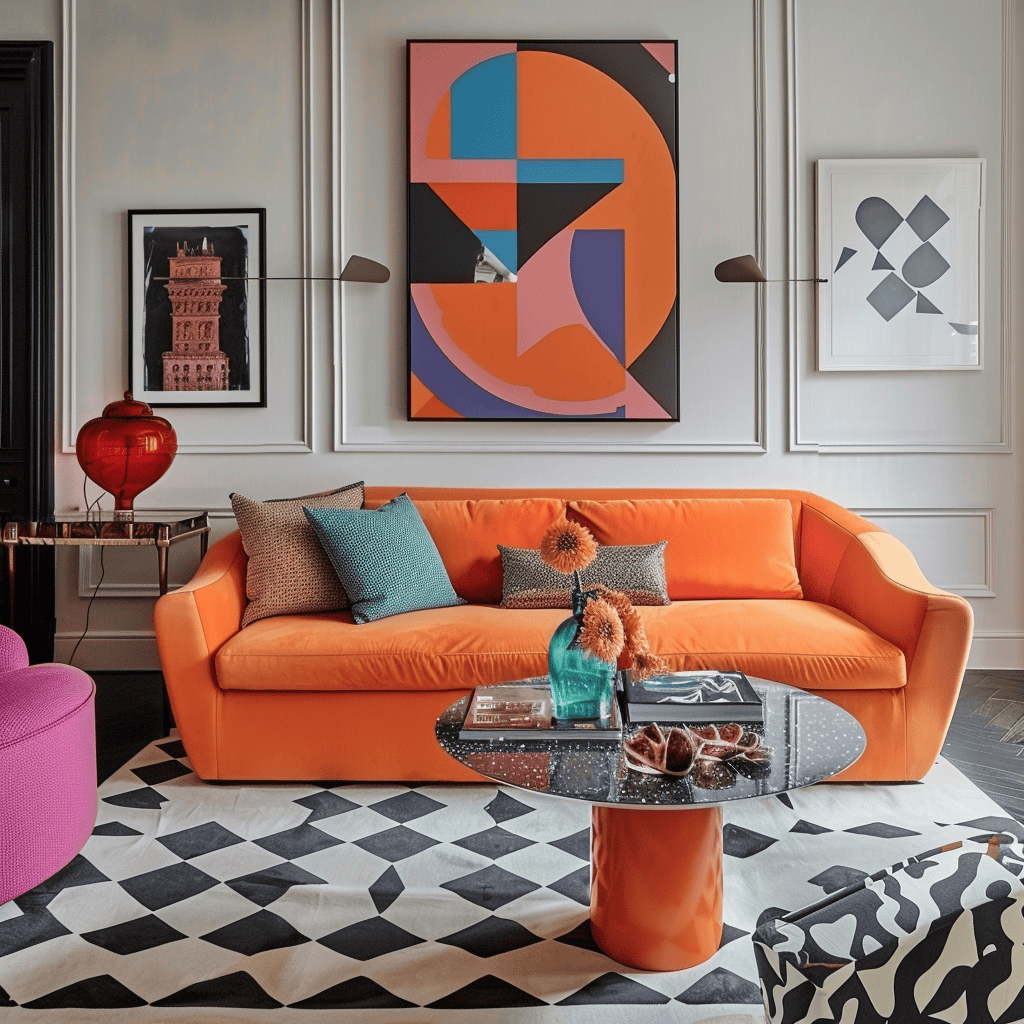 Retro-modern living room featuring tangerine tango accent wall and fuchsia rug