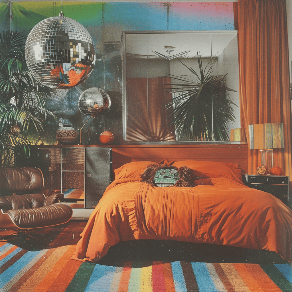 Retro 1970s bedroom ambiance enhanced by a shimmering disco ball, adding a touch of party vibe
