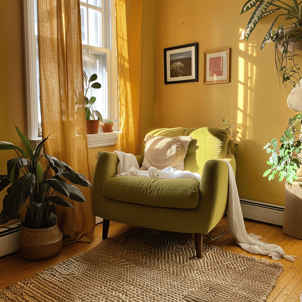 Retro 1970s bedroom with avocado bedding  harvest gold curtains  potted plants