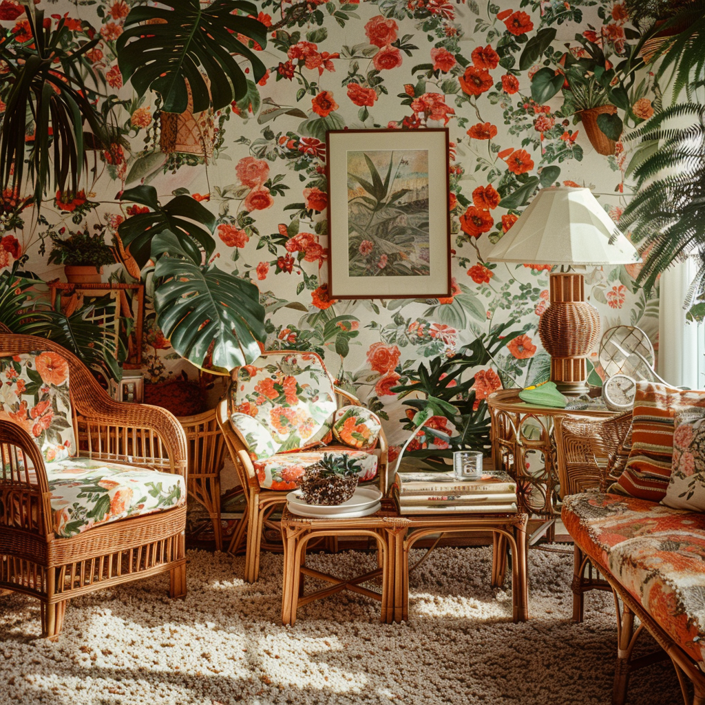 Retro 1970s bedroom with macramé wall hanging and patterned bedding