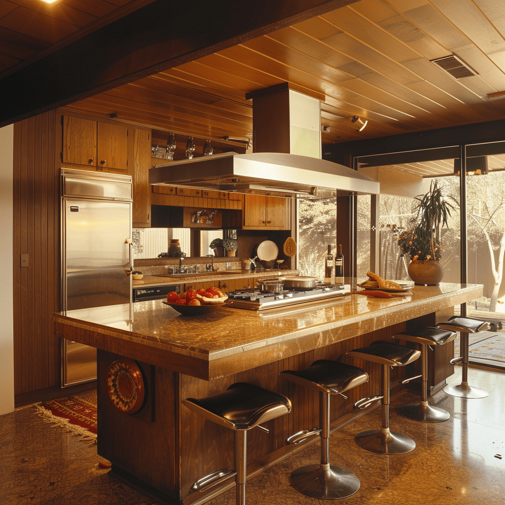 Retro 70s kitchen featuring bold wallpaper and wood paneling