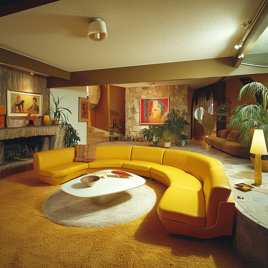 Retro 70s living room pit with stepped seating area and colorful throw pillows