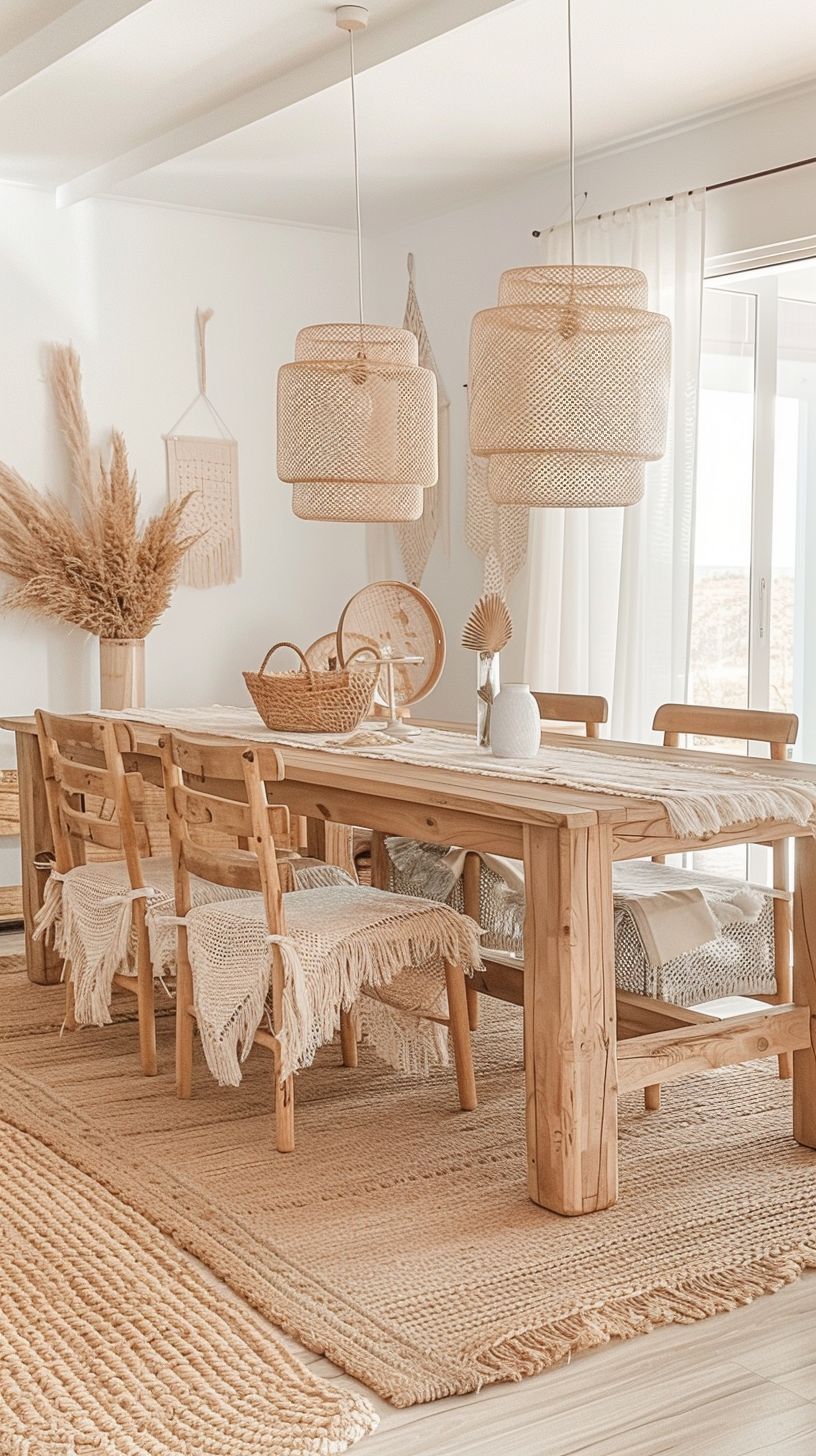 Retro vibe in a modern boho dining room with statement peacock chairs