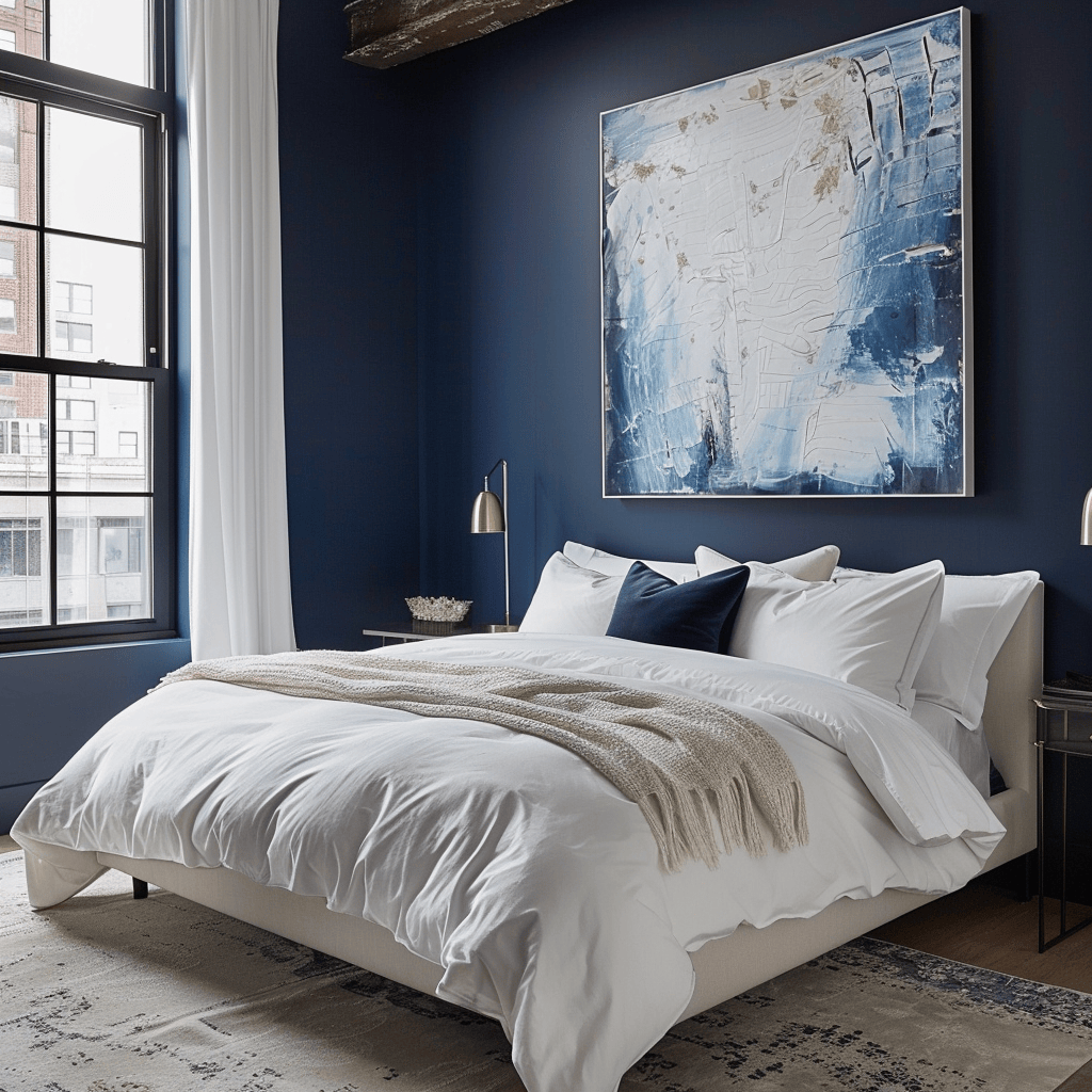 Rich, deep blue accent wall creates a dramatic focal point in this Scandinavian bedroom with white bedding and art
