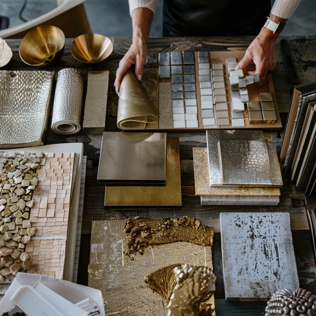 Rich metallic tones are woven into the fabric of this bohemian design moodboard, adding a sophisticated edge to eclectic decor